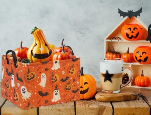 Rectangular Halloween Basket for Boys and Girls Kids Trick or Treat Pumpkin Basket for Halloween Parties Cute Storage Bin Organizer Box Room Decor(Yellow Pumpkin Ghost)