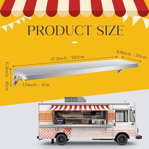Vercraft Stainless Steel Folding Shelf Wall Mounted, Commercial Concession Serving Shelf for Food Truck, Trailer Window, Kitchen, Restaurant, Garage, Utility Room(12"x47")