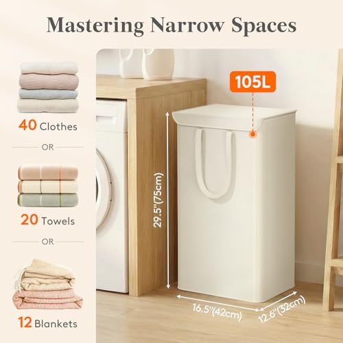 Lifewit 105L Laundry Basket with Lid and Long Handles, White