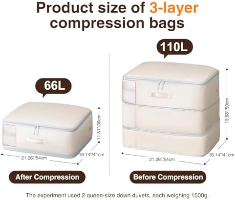 Homsorout 2 Pack Compression Storage Bags - 110L Large Capacity Comforter Storage Bag, 3-Layer Washable Ultra Space Saving Self Compression Organizer Space Bags for Blankets, Sweaters, Sheets, Beige