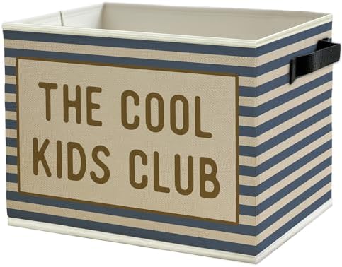 Blue Striped Kids Storage Bins Box with Handles, the Cool Kids Club Collapsible Basket Organizer for Classroom Boys Girls Room Bedroom Nursery Playroom Books Clothes