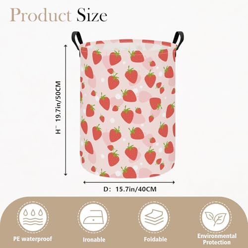 Round Fabric Collapsible Storage Basket with Handles, Strawberry