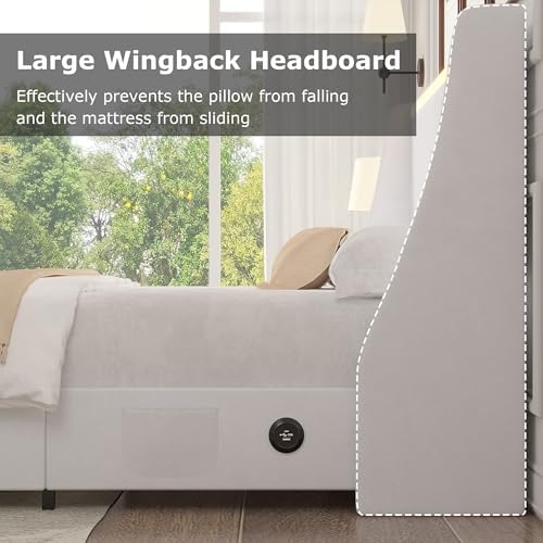 VECELO Full Size Bed Frame with Storage Drawers, Upholstered Platform Bedframe with Wingback Headboard, No Box Spring Needed, White