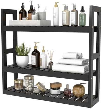 Domax Bamboo Bathroom Shelf 3-Tier Wall Mount Storage Rack Multifunctional Adjustable Layer Free Standing Over Toilet Utility Shelves Living Room Kitchen (Black)