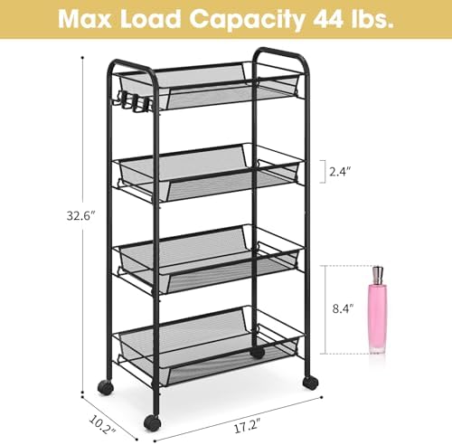 TOOLF 4-Tier Rolling Cart, Metal Utility Cart with 3 Hooks, Easy Assemble Mobile Storage Trolley On Wheels, Metal Shelving Units Kitchen Bathroom Laundry Room