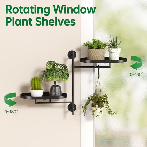 Rotating Window Shelves for Multiple Plants Indoor,2-tier Metal Corner Black Plant Stand Holder Floating Hanger Shelf for Wall，Windows Sill Gifts for Planter Lover to Enhance Home Decor