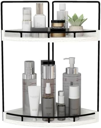 Dorhors 2-Tier Rustic White Corner Bathroom Shelf | 2-Tier Rustic White Rack Holder for Skincare,Perfume,Makeup,Lotion,Wood Sink Tray Stand for Kitchen,Restroom,Dresser