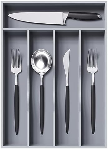 Greenual Gray Silverware Organizer 10 In Utensil Organizer Silverware Tray for Drawer Cutlery Flatware Organizer for Kitchen Bamboo Wood