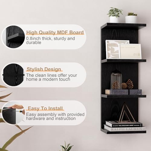 Fun Memories 4 Tier Wall Shelf Unit, Vertical Floating Shelf, Wall Mount Lack Shelving Home Decor Organizer Tall Tower Design Utility Shelving for Bedroom Living Room, Black