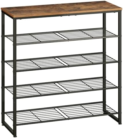 HOOBRO Shoe Rack, 5-Tier Narrow Shoe Organizer for Entryway, Holds 16-20 Pairs of Shoes, Metal Shoe Shelf with Removable Tier, Adjustable Feet, for Closet and Hallway, Rustic Brown and Black BF59XJ01