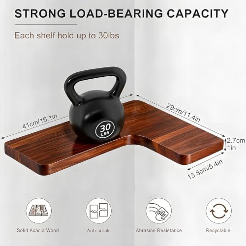 Floating Corner Shelves, Wall Shelf Set of 3, Shelves for Wall Storage, Solid Wood Shelves for Storage, Wall Mount Wooden Display Shelf for Bathroom Bedroom Kitchen Garage (Acacia, 3pcs)