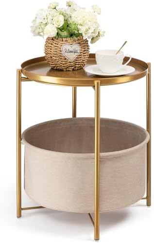 danpinera Gold Side Table with Basket, Small Round Table for Living Room | Metal Modern Nightstand for Small Space, Bedroom, Nursery, Accent Metal Stand with Removable Serving Tray, 20.47 in Tall