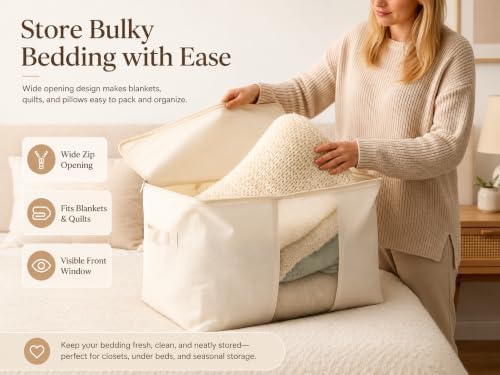 DoYiKe Soft Large Canvas Comforter Storage Bags with Four Carrying Handles and Clear Window, Closet Organizer for Clothing, Blankets Sheets Pillows and Bedding, 80L, 3 Pack, Beige