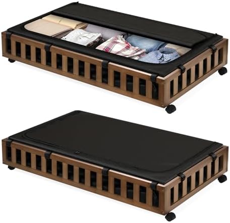 Gashell 2 Pack Bamboo Under Bed Storage with Wheels, 39”x20”x7.8” Lager Under Bed Storage Containers (Brown)