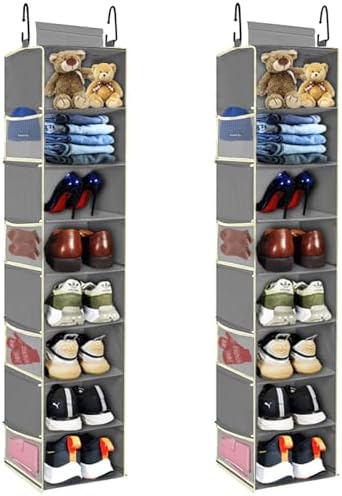 2 Pack Large-Sized Hanging Shoe Organizer 8-Shelf, Hanging Closet Organizer with 8 Side Pockets, Wider Hanging Shelves for Storage Shoes Clothes 9" W × 11.8" D× 48" H, Grey.