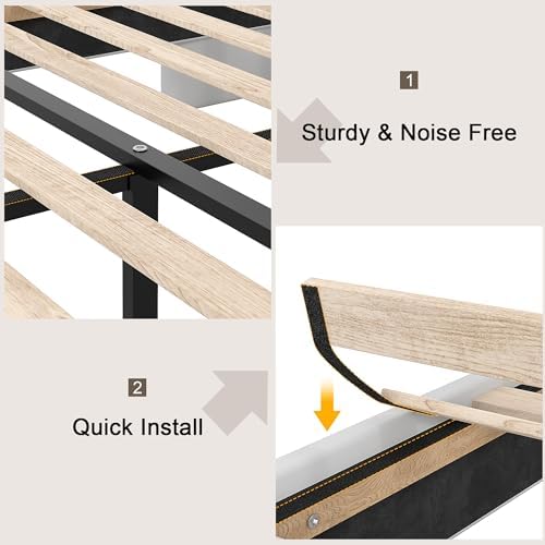VECELO Queen Bed Frame with Upholstered Wingback Headboard, Heavy-Duty Platform Bedframe with Charging Station, Wooden Slats, No Box Spring Needed, White