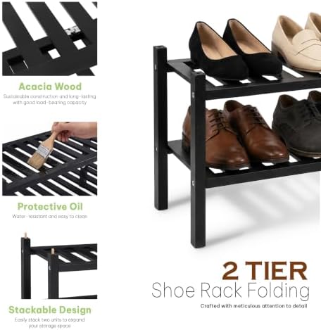 VICTORY RELAX 2 Tier Shoe Rack, Stackable Acacia Wood Shoe Organizer for Entryway, Closet or Hallway, Compact Small Shoe Shelf, Easy Assembly, Indoor and Covered Outdoor Use, Black Color