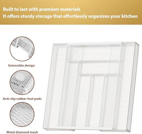 Sedegn Expandable Kitchen Utensil Organizer - 11.6" to 20" Adjustable | Cutlery Tray with 6-8 Compartments - Fits Various Drawer Sizes & Holds Large Ladles Spatulas Forks Spoons & Knives White
