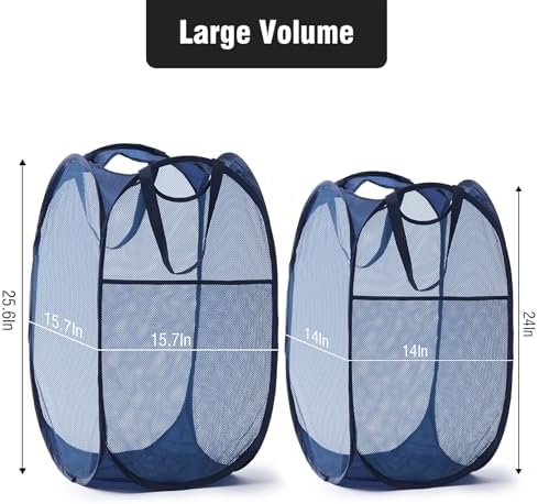 TECHMILLY Upgraded 105L Collapsible Mesh Pop Up Laundry Hamper with Sturdy Handles and Side Pocket - Portable Foldable Clothes Baskets for Dorm, Bathroom & Travel Storage (Blue Plus)
