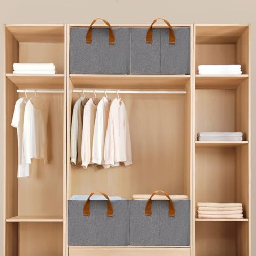 SNWDN 4 Pack Closet Cloth Storage Bins with Handles （ Gray 15''L x 10.2''W x 8.2''H）