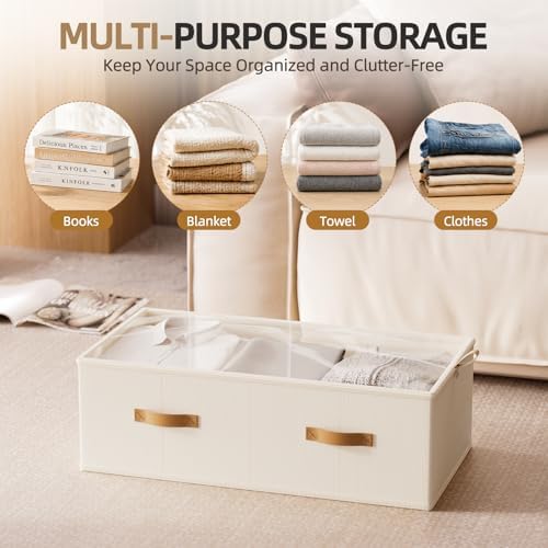 FHSQX 4 Pack Under Bed Storage Bins,10 Inch Tall,Beige, 31.5x15.8x10 inch