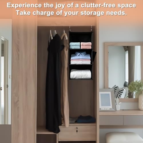 Hanging Closet Organizer and Shelves,3 Shelves with 1 Side Pockets (Black)