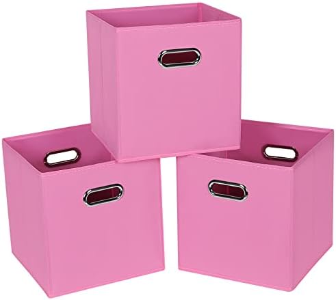 Fabric Cloth Storage Bins,Fabric Cube Bins Organizer with Dual Handles Foldable Cube Storage Baskets for Home Bedroom Storage,Set of 3,(Pink)