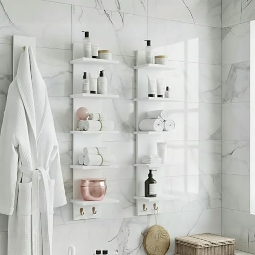 Sorbus 5-Tier Floating Wall Shelf with Hooks, 31 Inch (1 Pack, White) | Vertical five-level utility organization for kitchens, bedrooms and bathrooms; holds towels and mounted essentials.