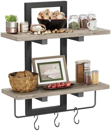 Creso hom Wood Floating Shelf with 6 Hooks, 15" Bathroom Shelves Set of 2