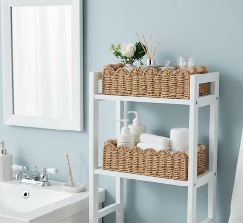 CubesLand Bathroom Basket Organizer, Toilet Tank Paper Storage Baskets 2PK | Scalloped Decorative Basket for Countertop w/Handle, Wicker Basket for Bathroom Decor, Home Decor, Living Room, Neutral