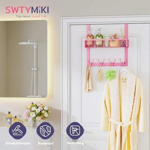 SWTYMIKI Over The Door Hook with 16 Hooks & Mesh Baskets - Heavy Duty Over The Door Organizer Hanger for Towels, Coats, Clothes - Space Saving Hanging Rack for Bathroom, Living Room, Pink