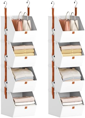 Homsorout Hanging Closet Organizer 4 Tier - Clothes Hanging Shelves, Space-Saving Closet System, Fabric Storage Bins Bedroom Organization, Collapsible Baskets for Home, Dorm, Rv, White, 8 Pack