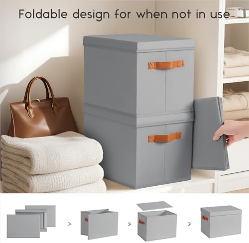 Homsorout Storage Bins with Lids - Large Fabric Closet Bins with Lid, 8 Pack Clothes Organizers and Storage, Collapsible Stackable Cube Basket for Home, Office, Dorm, Grey