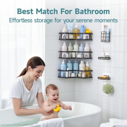 Veken Large Capacity Corner Shower Caddy 6-Pack, Advanced Rustproof Design | No Drilling Adhesive Shelves, High-Load Rack with Soap Dishes & Toothbrush holder, Bathroom Organizers and Storage, Black