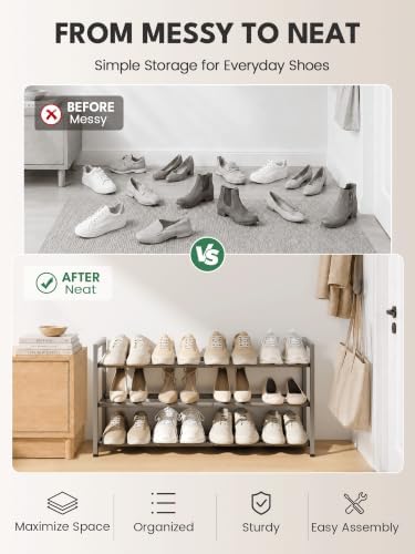 Bumusty 3 Tier Expandable Shoe Rack for Closet, Light Grey
