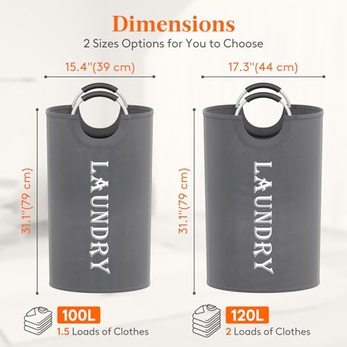 Lifewit 2 Pack 120L Laundry Basket with Aluminum Handles, Grey | Collapsible Large Laundry Hamper, Waterproof Fabric, Freestanding Dirty Clothes Hampers for Dorm, RV, Bedroom, Laundry Room