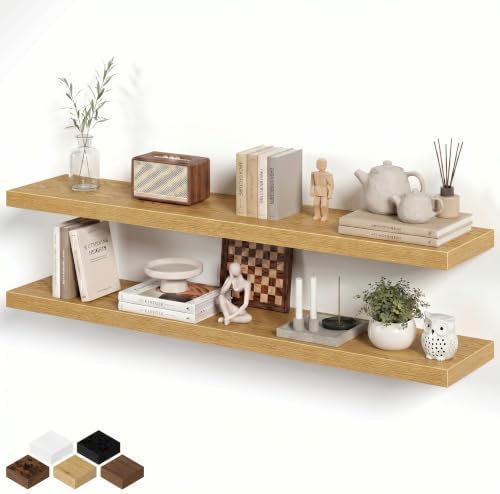 Fun Memories 55 Inch Long Floating Shelves for Wall, 8" Deep Floating Shelves for Bathroom Living Room Bedroom, Rustic Wall Mounted Shelf with Invisible Heavy-Duty Bracket, Set of 2, Oak