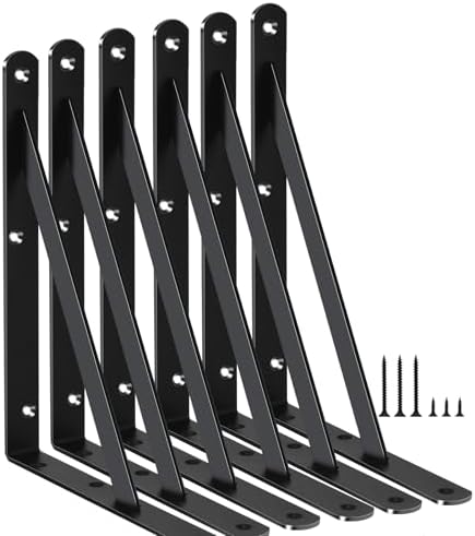 6 Pack L10 x H 8" Black Heavy Duty Shelf Brackets with Screws Metal Shelf Brackets Shelf Support Angle Brackets for Shelves L Brackets Heavy Duty Floating Shelf