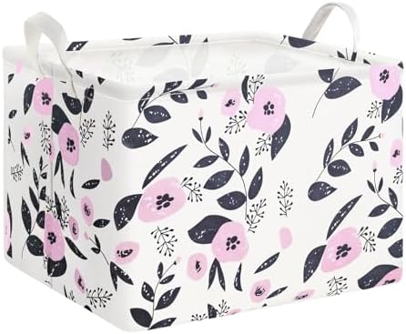 Mziart Cute Storage Basket with Handles, Rectangle Nursery Toy Storage Bins for Baby Kids Girls Room Decor, Waterproof Canvas Gift Basket Empty (Pink Flowers)