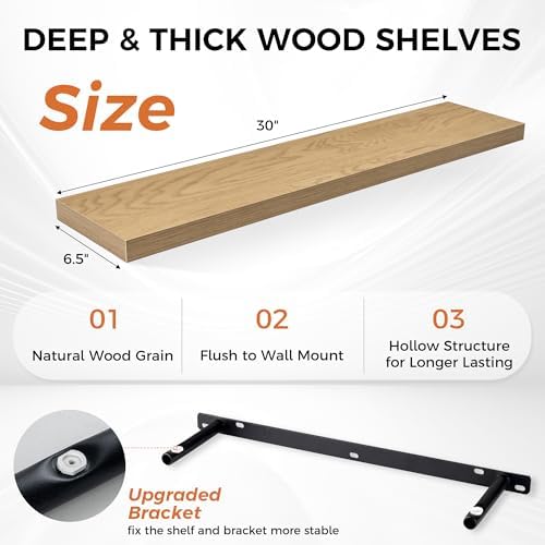 Fun Memories Floating Shelves for Wall, 30" Rustic Wood Deep Wall Mounted Shelves with Invisible Brackets for Decor & Storage, Floating Shelf for Living Room, Bathroom (Oak, Set of 2)