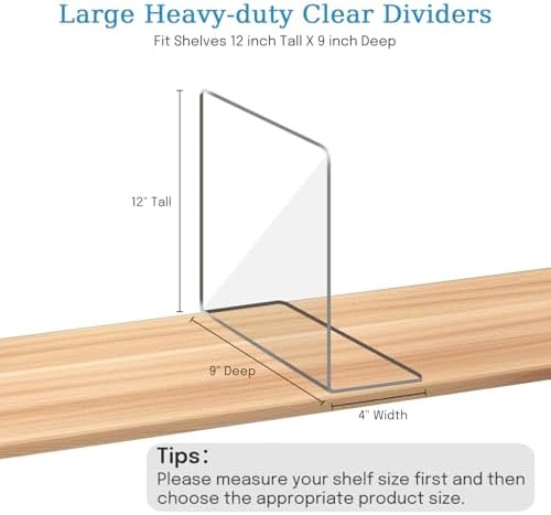 OKPOW Shelf Dividers Closet Organizer - 12" Tall X 9" Deep Acrylic Clear Sturdy Separate for Clothes Purse - Adjustable Space Saver Easy Install for Home Organization Enthusiasts 8 Pack