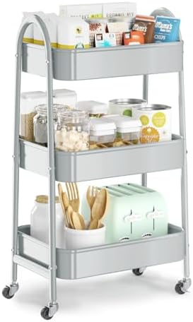 EAGMAK 3 Tier Utility Rolling Cart, Metal Storage Cart with Handle and Lockable Wheels, Multifunctional Storage Organizer Trolley with Mesh Baskets for Kitchen, Living Room, Office, Garage (Grey)