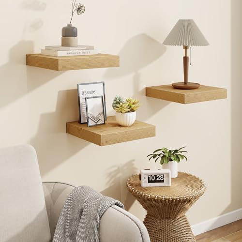 Marsmiles Square Floating Shelves for Wall, 12" W x 12" D x 1.5" H, 3 Pack Small Wall Mounted Engineered Wood Shelves with Invisible Brackets for Living Room, Bedroom, Bathroom, Kitchen Decor, Oak