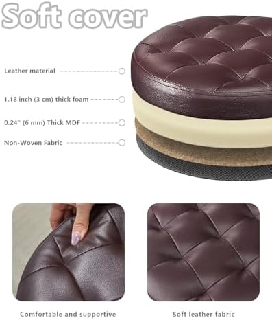 Bsketa Round Storage Ottoman, 14" Folding Leather Foot Rest Stool,Brown | Round Leather Poufs with Thicker Foam Padded Seat, Living Room, Bedroom, Dorm, Entryway, Easy to install,14 x 14 x 13in