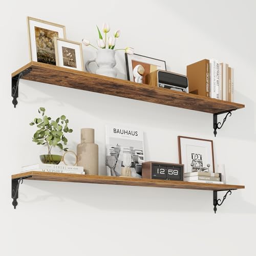 RICHFOCUS Floating Shelves for Wall Decor, 47.3W x 8D Shelves Set of 2, 8 Inch Deep Rustic Wood Shelf Wall Mounted with Brackets, Long Shelves for Living Room Bedroom Kitchen, Rustic Brown