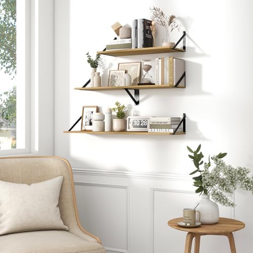 Fun Memories Deep Floating Shelves for Wall, 24W x 8D Wall Mounted Shelves Set of 2, Wide Display Ledge Shelf with Sturdy Metal Brackets for Living Room, Bathroom, Bedroom and Kitchen, Oak