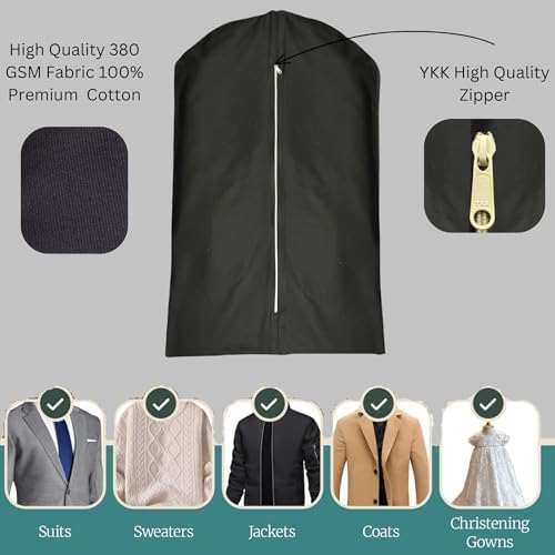 Premium 100% Cotton Garment Bags – 60" Black Canvas Suit Cover with YKK Zipper – Breathable, Dust-Proof Storage for Suits, Coats, Dresses, Jackets & Travel/Closet Use