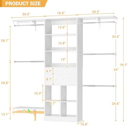 5FT Closet Organizer System with Wooden Drawers, 60 Inches Walk In Closet System With 5 Hanging Rods, Can Fit 1.58 to 6.8 FT with Reversible Hanging Shelving, White