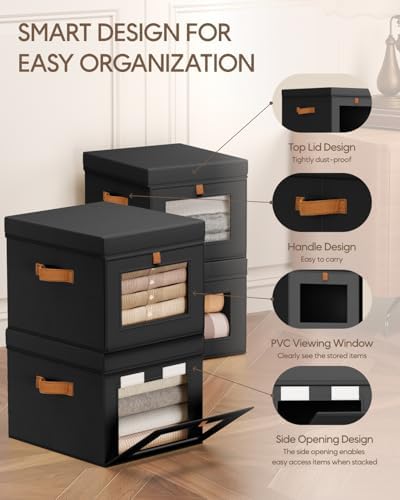 Homsorout Storage Bins with Lid – Closet Organizer with Side Opening and Clear Window, Foldable Stackable Fabric Basket for Clothes, Home, Office - 13.77" x 11.8" x 9.8", 3 Pack, Black