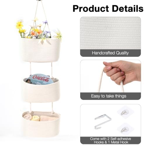 ICERZCZ Hanging Baskets for Organizing, Over the Door Decorative Storage Organizer, Nursery Decor Organization, 3-Tier Wall Basket for Entryway Playroom Bathroom Closet, Off White